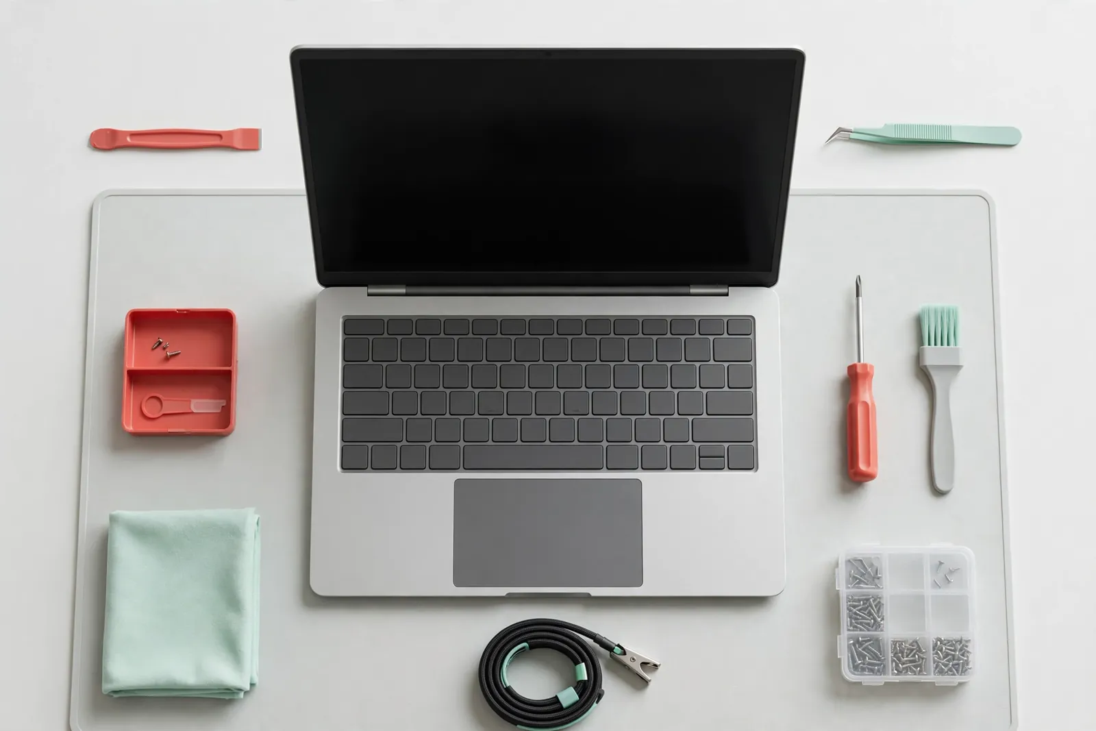 An opened laptop on a bench
