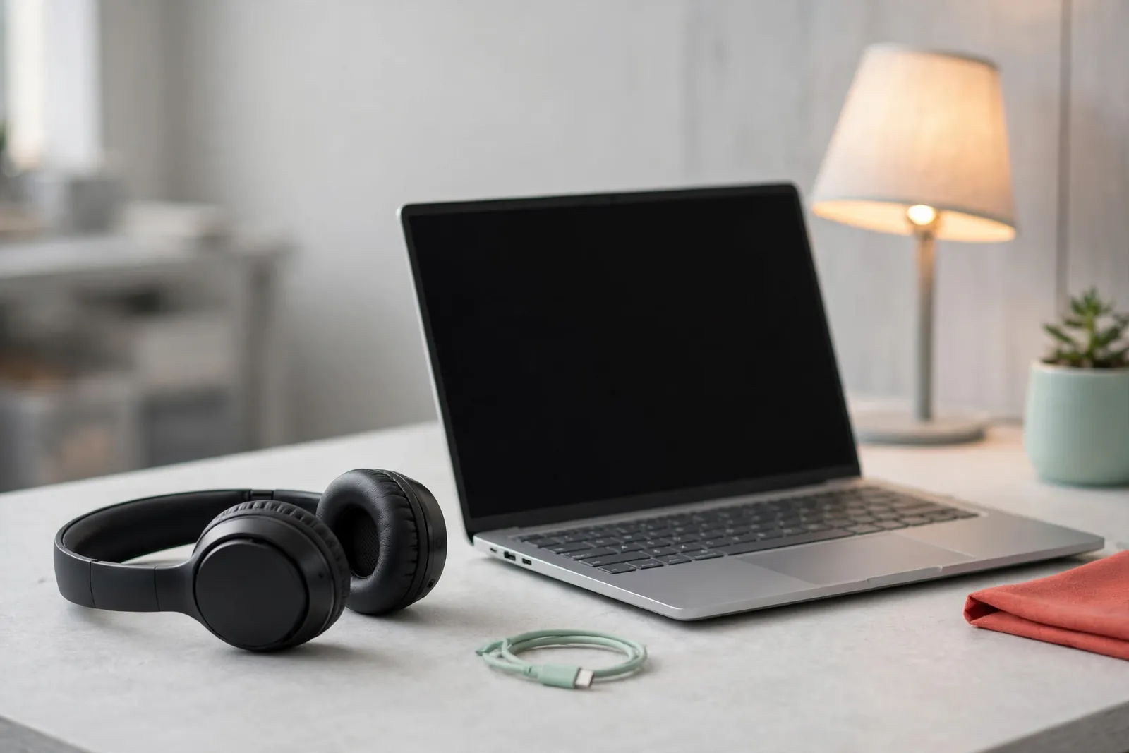 A headset beside a laptop